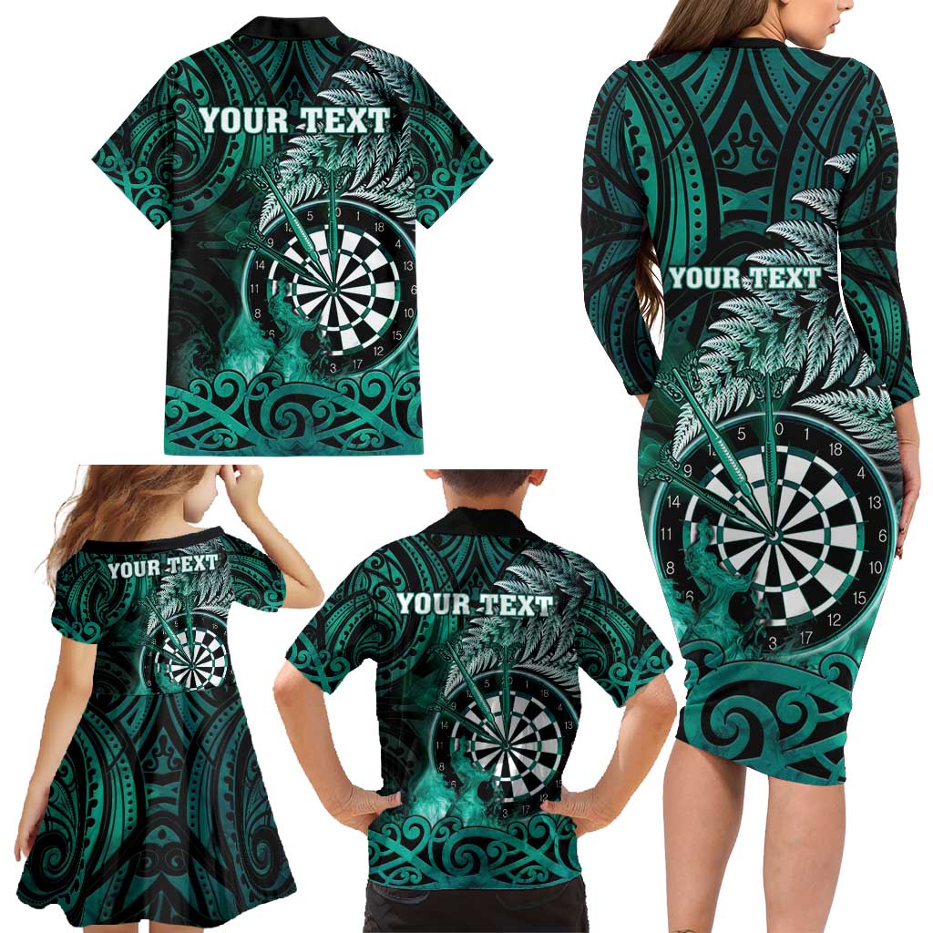 Personalised New Zealand Darts Family Matching Long Sleeve Bodycon Dress and Hawaiian Shirt Maori Koru Dartboard Turquoise Flame LT05 - Polynesian Pride