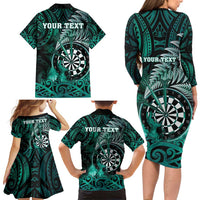 Personalised New Zealand Darts Family Matching Long Sleeve Bodycon Dress and Hawaiian Shirt Maori Koru Dartboard Turquoise Flame LT05 - Polynesian Pride