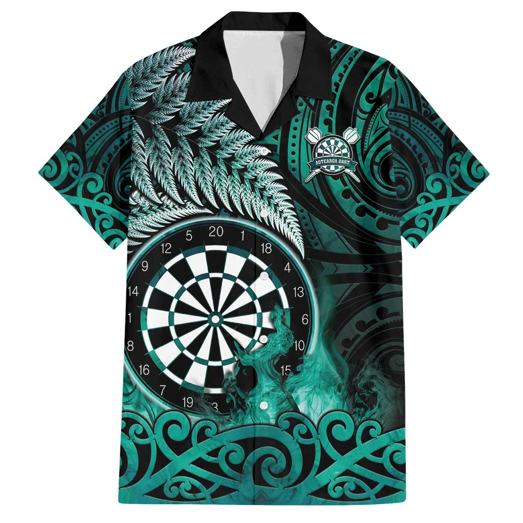 Personalised New Zealand Darts Family Matching Long Sleeve Bodycon Dress and Hawaiian Shirt Maori Koru Dartboard Turquoise Flame LT05 Dad's Shirt - Short Sleeve Turquoise - Polynesian Pride