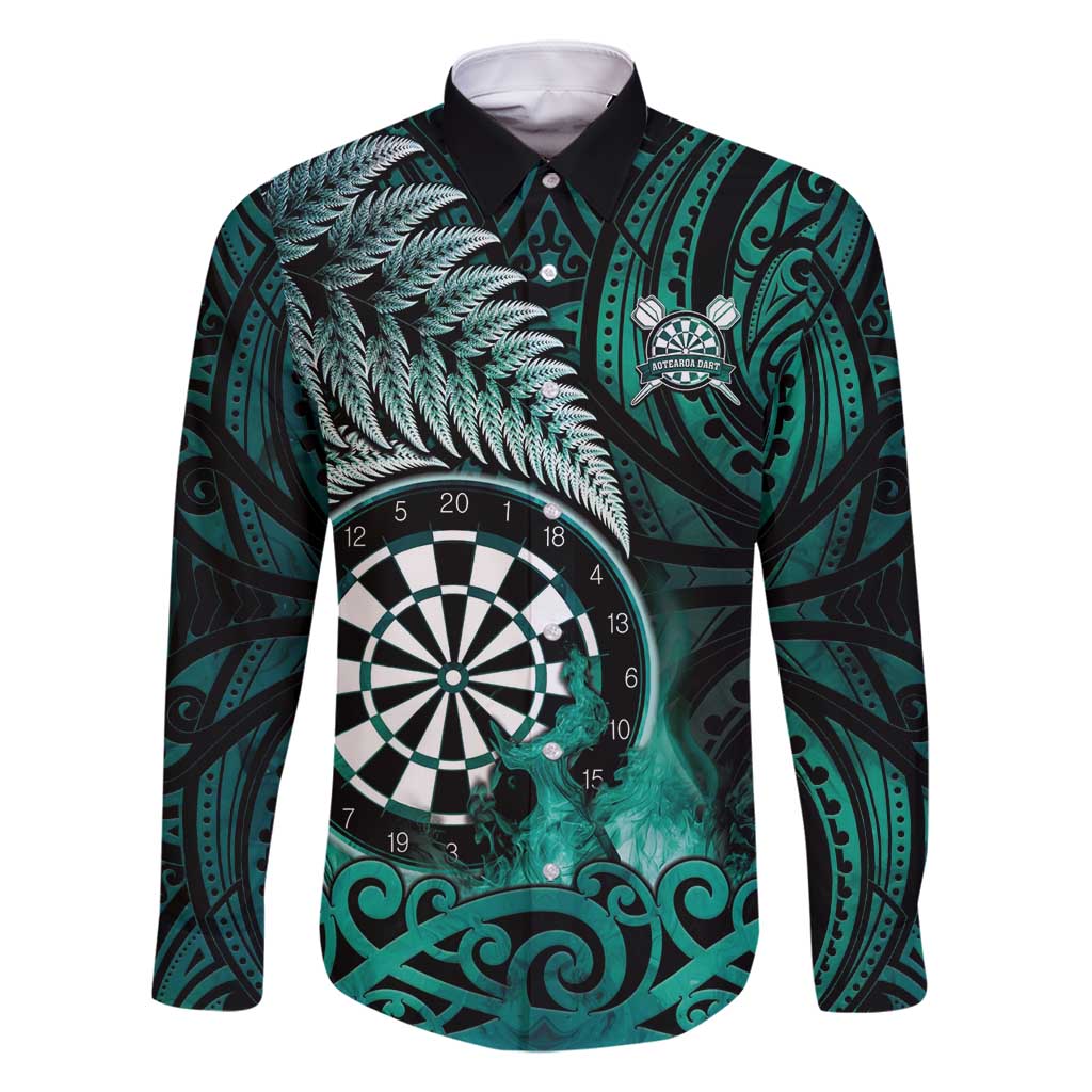 Personalised New Zealand Darts Family Matching Long Sleeve Bodycon Dress and Hawaiian Shirt Maori Koru Dartboard Turquoise Flame LT05 Dad's Shirt - Long Sleeve Turquoise - Polynesian Pride