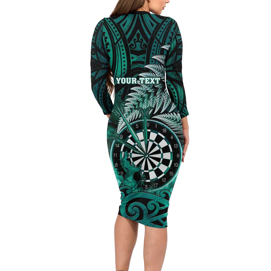 Personalised New Zealand Darts Family Matching Long Sleeve Bodycon Dress and Hawaiian Shirt Maori Koru Dartboard Turquoise Flame LT05 - Polynesian Pride