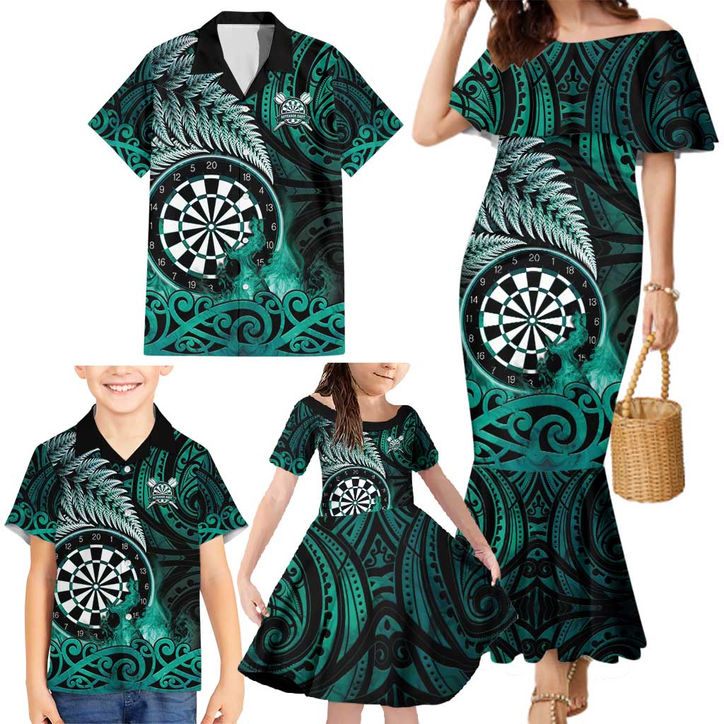 Personalised New Zealand Darts Family Matching Mermaid Dress and Hawaiian Shirt Maori Koru Dartboard Turquoise Flame LT05 - Polynesian Pride