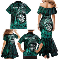 Personalised New Zealand Darts Family Matching Mermaid Dress and Hawaiian Shirt Maori Koru Dartboard Turquoise Flame LT05 - Polynesian Pride