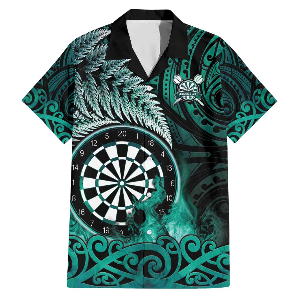 Personalised New Zealand Darts Family Matching Mermaid Dress and Hawaiian Shirt Maori Koru Dartboard Turquoise Flame LT05 Dad's Shirt - Short Sleeve Turquoise - Polynesian Pride