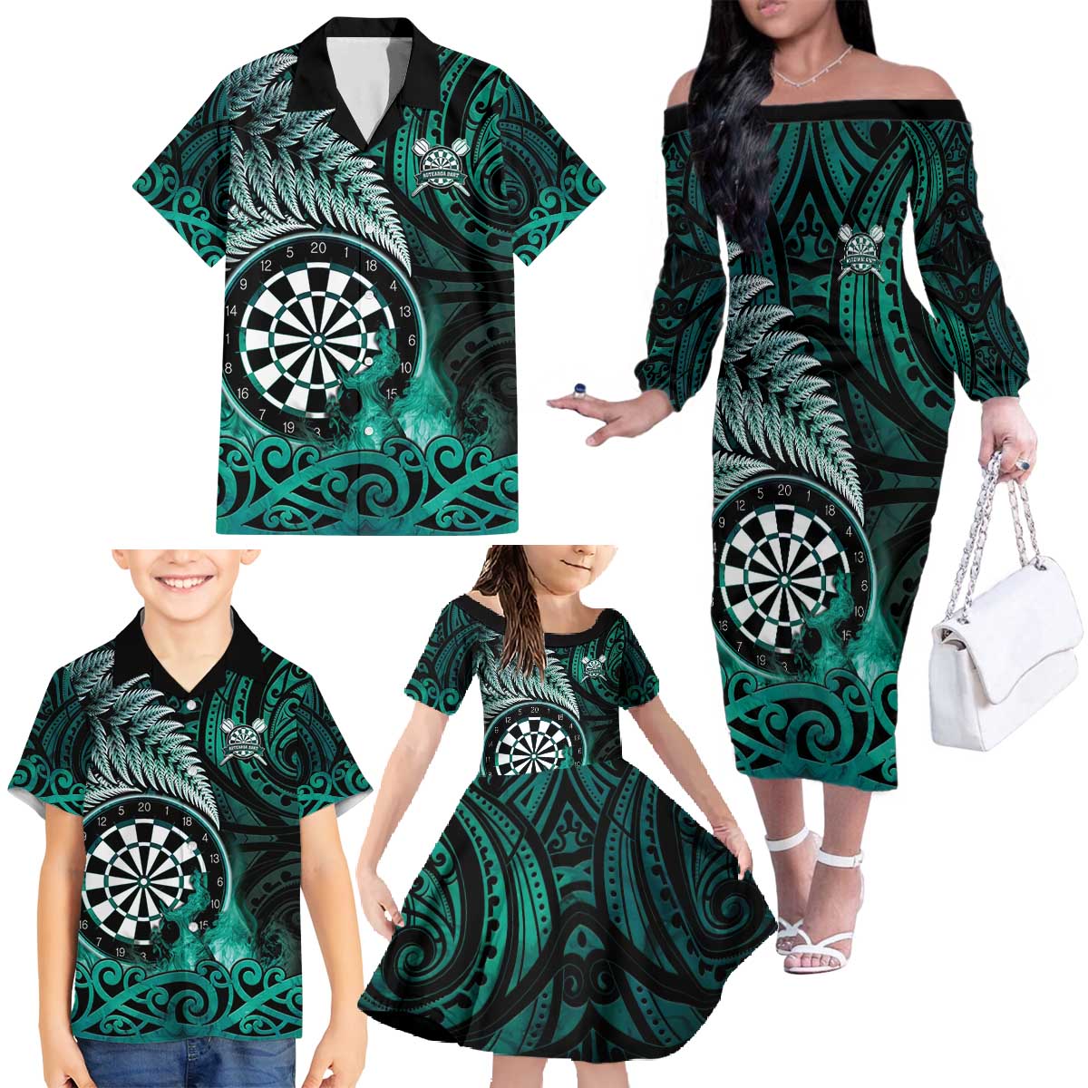 Personalised New Zealand Darts Family Matching Off The Shoulder Long Sleeve Dress and Hawaiian Shirt Maori Koru Dartboard Turquoise Flame LT05 - Polynesian Pride