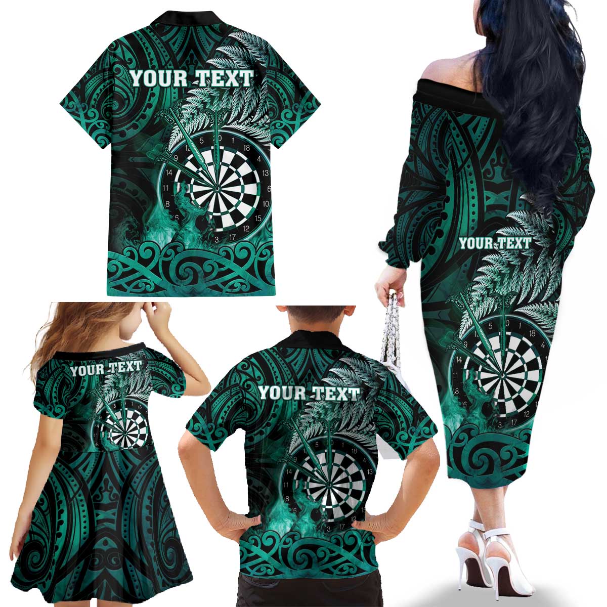 Personalised New Zealand Darts Family Matching Off The Shoulder Long Sleeve Dress and Hawaiian Shirt Maori Koru Dartboard Turquoise Flame LT05 - Polynesian Pride