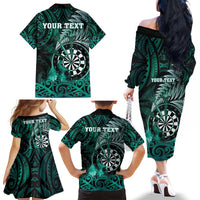 Personalised New Zealand Darts Family Matching Off The Shoulder Long Sleeve Dress and Hawaiian Shirt Maori Koru Dartboard Turquoise Flame LT05 - Polynesian Pride