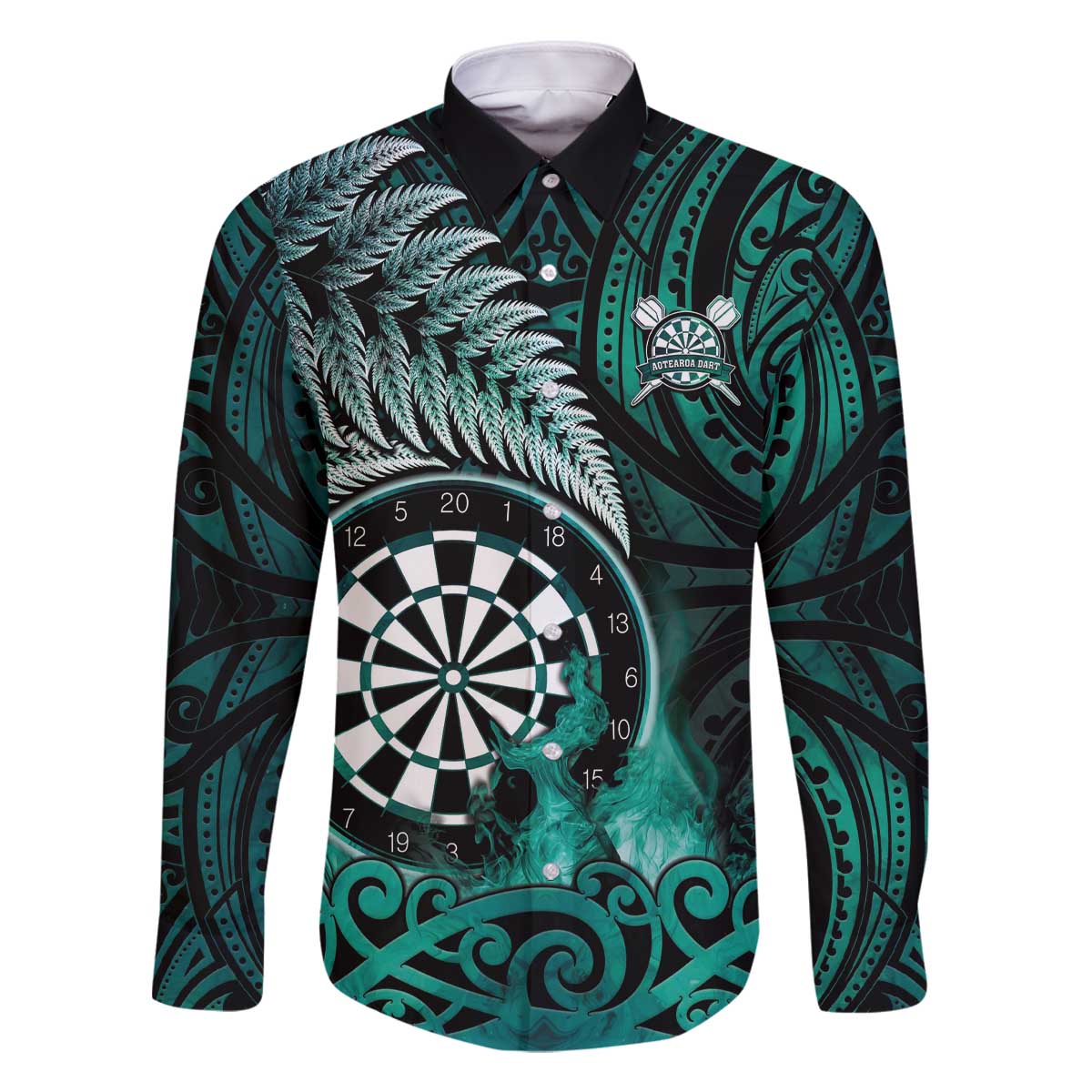 Personalised New Zealand Darts Family Matching Off The Shoulder Long Sleeve Dress and Hawaiian Shirt Maori Koru Dartboard Turquoise Flame LT05 Dad's Shirt - Long Sleeve Turquoise - Polynesian Pride