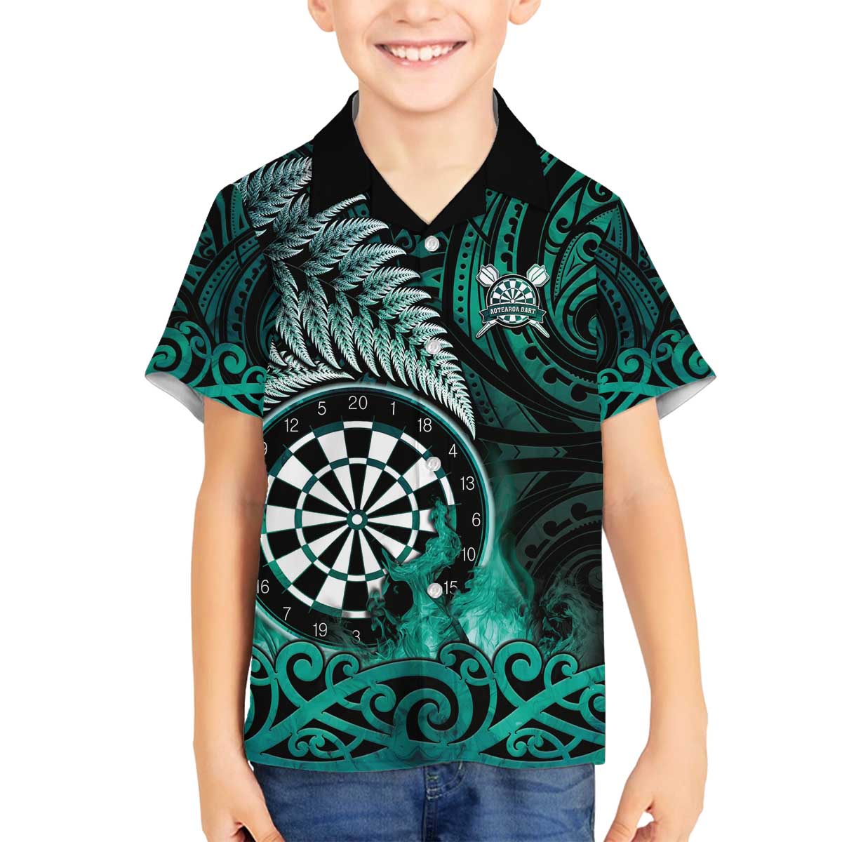Personalised New Zealand Darts Family Matching Off The Shoulder Long Sleeve Dress and Hawaiian Shirt Maori Koru Dartboard Turquoise Flame LT05 Son's Shirt Turquoise - Polynesian Pride