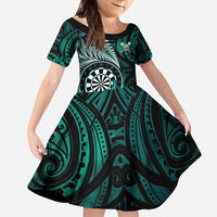 Personalised New Zealand Darts Family Matching Off Shoulder Maxi Dress and Hawaiian Shirt Maori Koru Dartboard Turquoise Flame LT05 Daughter's Dress Turquoise - Polynesian Pride