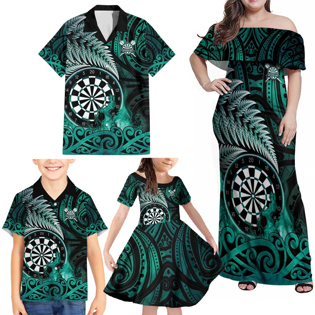 Personalised New Zealand Darts Family Matching Off Shoulder Maxi Dress and Hawaiian Shirt Maori Koru Dartboard Turquoise Flame LT05 - Polynesian Pride