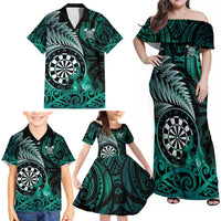 Personalised New Zealand Darts Family Matching Off Shoulder Maxi Dress and Hawaiian Shirt Maori Koru Dartboard Turquoise Flame LT05 - Polynesian Pride