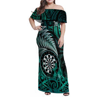 Personalised New Zealand Darts Family Matching Off Shoulder Maxi Dress and Hawaiian Shirt Maori Koru Dartboard Turquoise Flame LT05 Mom's Dress Turquoise - Polynesian Pride