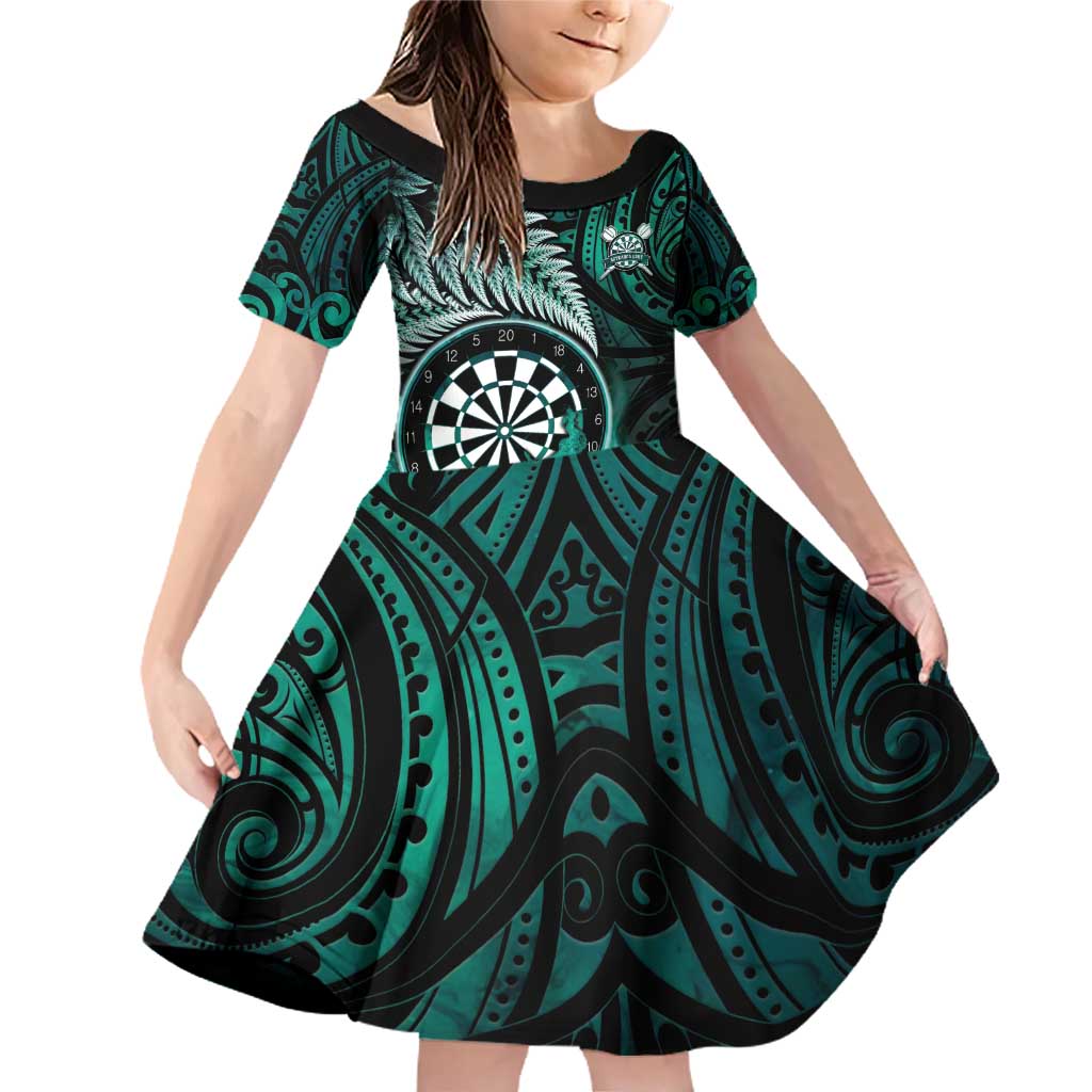 Personalised New Zealand Darts Family Matching Off Shoulder Short Dress and Hawaiian Shirt Maori Koru Dartboard Turquoise Flame LT05 Daughter's Dress Turquoise - Polynesian Pride