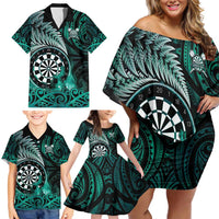 Personalised New Zealand Darts Family Matching Off Shoulder Short Dress and Hawaiian Shirt Maori Koru Dartboard Turquoise Flame LT05 - Polynesian Pride