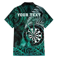 Personalised New Zealand Darts Family Matching Off Shoulder Short Dress and Hawaiian Shirt Maori Koru Dartboard Turquoise Flame LT05 - Polynesian Pride