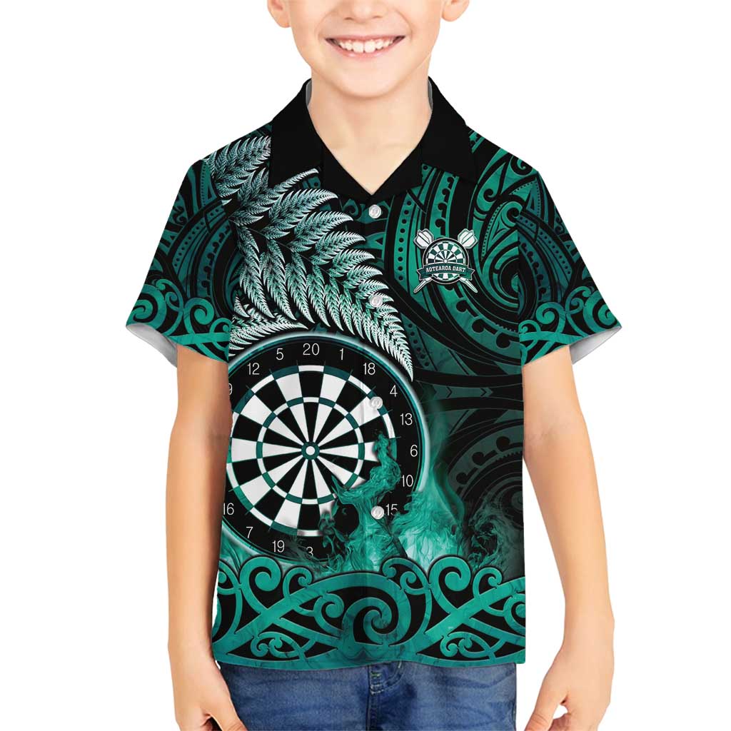 Personalised New Zealand Darts Family Matching Off Shoulder Short Dress and Hawaiian Shirt Maori Koru Dartboard Turquoise Flame LT05 Son's Shirt Turquoise - Polynesian Pride