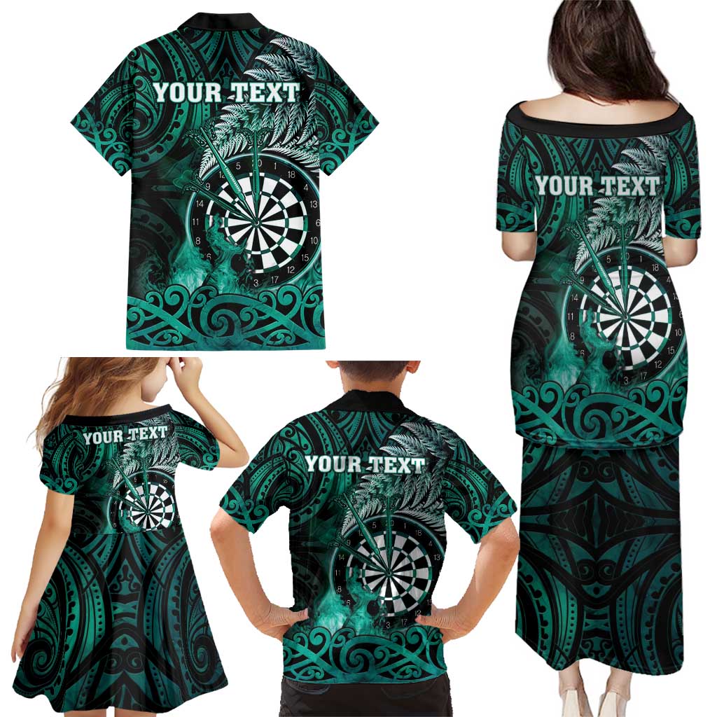 Personalised New Zealand Darts Family Matching Puletasi and Hawaiian Shirt Maori Koru Dartboard Turquoise Flame LT05 - Polynesian Pride