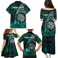 Personalised New Zealand Darts Family Matching Puletasi and Hawaiian Shirt Maori Koru Dartboard Turquoise Flame LT05 - Polynesian Pride