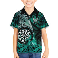 Personalised New Zealand Darts Family Matching Puletasi and Hawaiian Shirt Maori Koru Dartboard Turquoise Flame LT05 Son's Shirt Turquoise - Polynesian Pride
