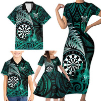 Personalised New Zealand Darts Family Matching Short Sleeve Bodycon Dress and Hawaiian Shirt Maori Koru Dartboard Turquoise Flame LT05 - Polynesian Pride