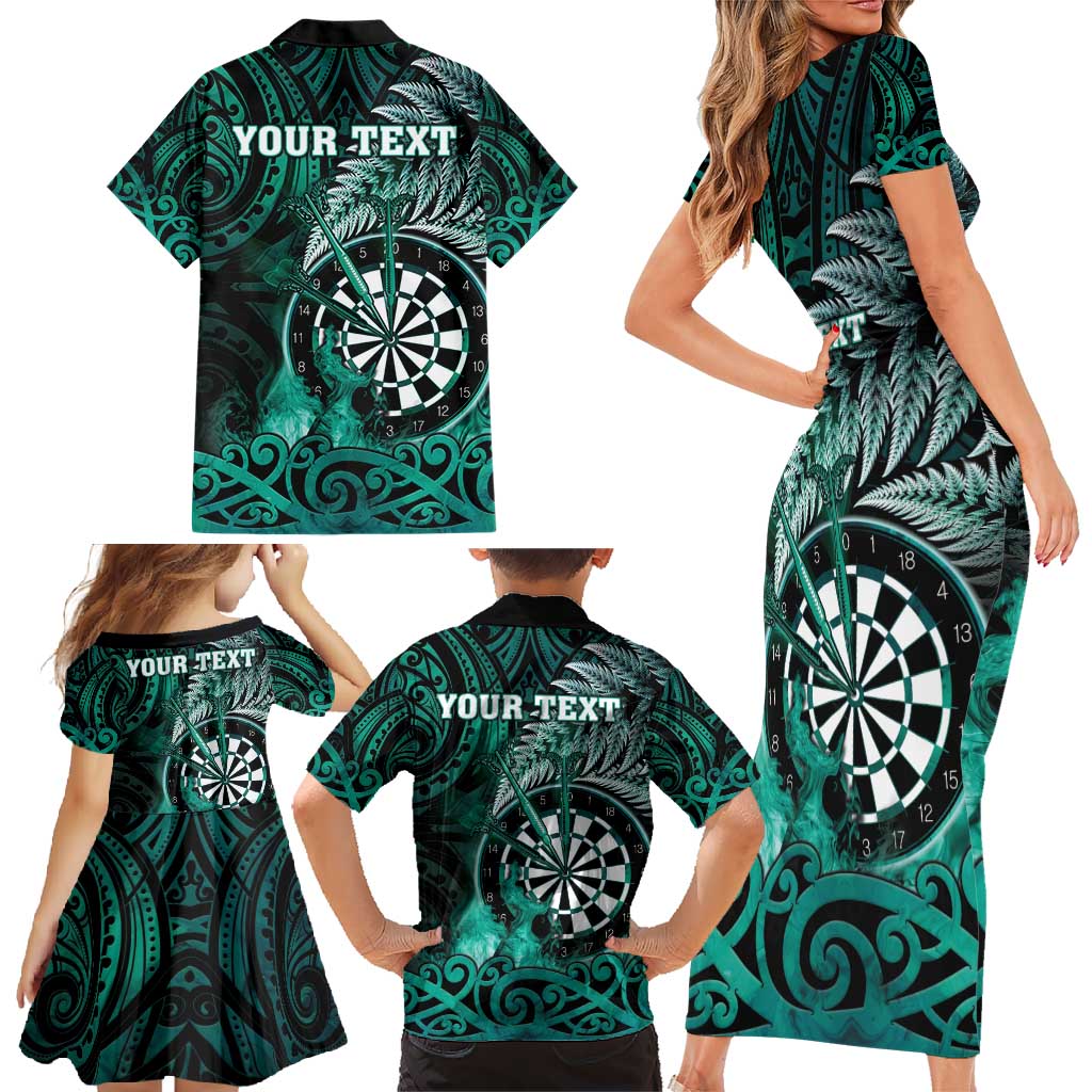 Personalised New Zealand Darts Family Matching Short Sleeve Bodycon Dress and Hawaiian Shirt Maori Koru Dartboard Turquoise Flame LT05 - Polynesian Pride