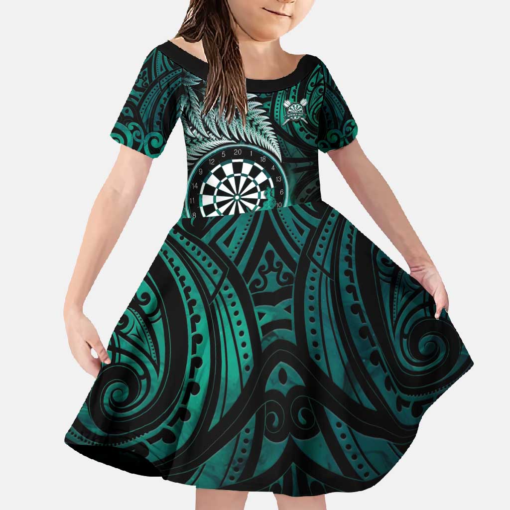 Personalised New Zealand Darts Family Matching Tank Maxi Dress and Hawaiian Shirt Maori Koru Dartboard Turquoise Flame LT05 Daughter's Dress Turquoise - Polynesian Pride
