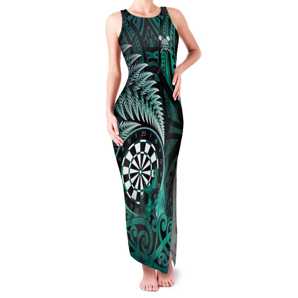 Personalised New Zealand Darts Family Matching Tank Maxi Dress and Hawaiian Shirt Maori Koru Dartboard Turquoise Flame LT05 Mom's Dress Turquoise - Polynesian Pride