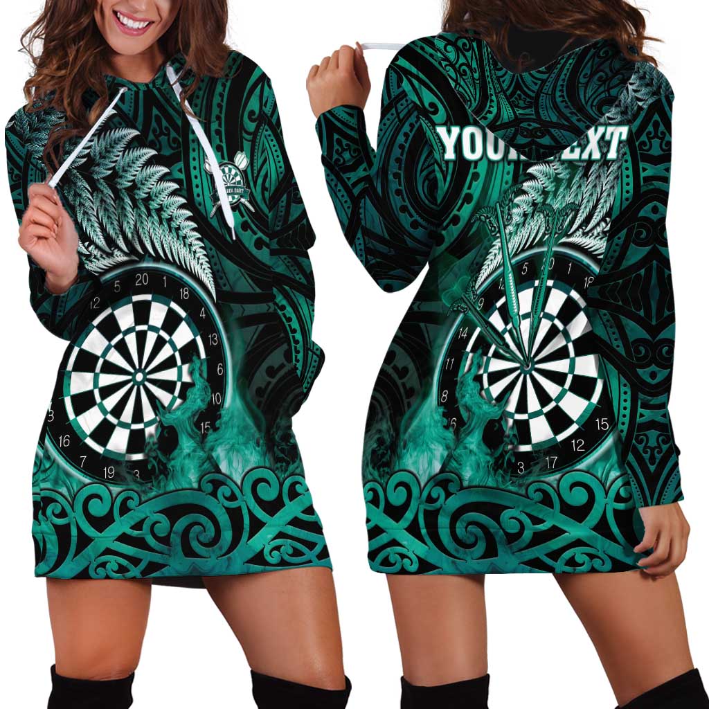 Personalised New Zealand Darts Hoodie Dress Maori Koru Dartboard Turquoise Flame LT05 - Polynesian Pride