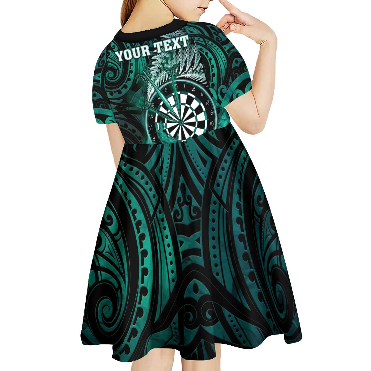 Personalised New Zealand Darts Kid Short Sleeve Dress Maori Koru Dartboard Turquoise Flame LT05 - Polynesian Pride