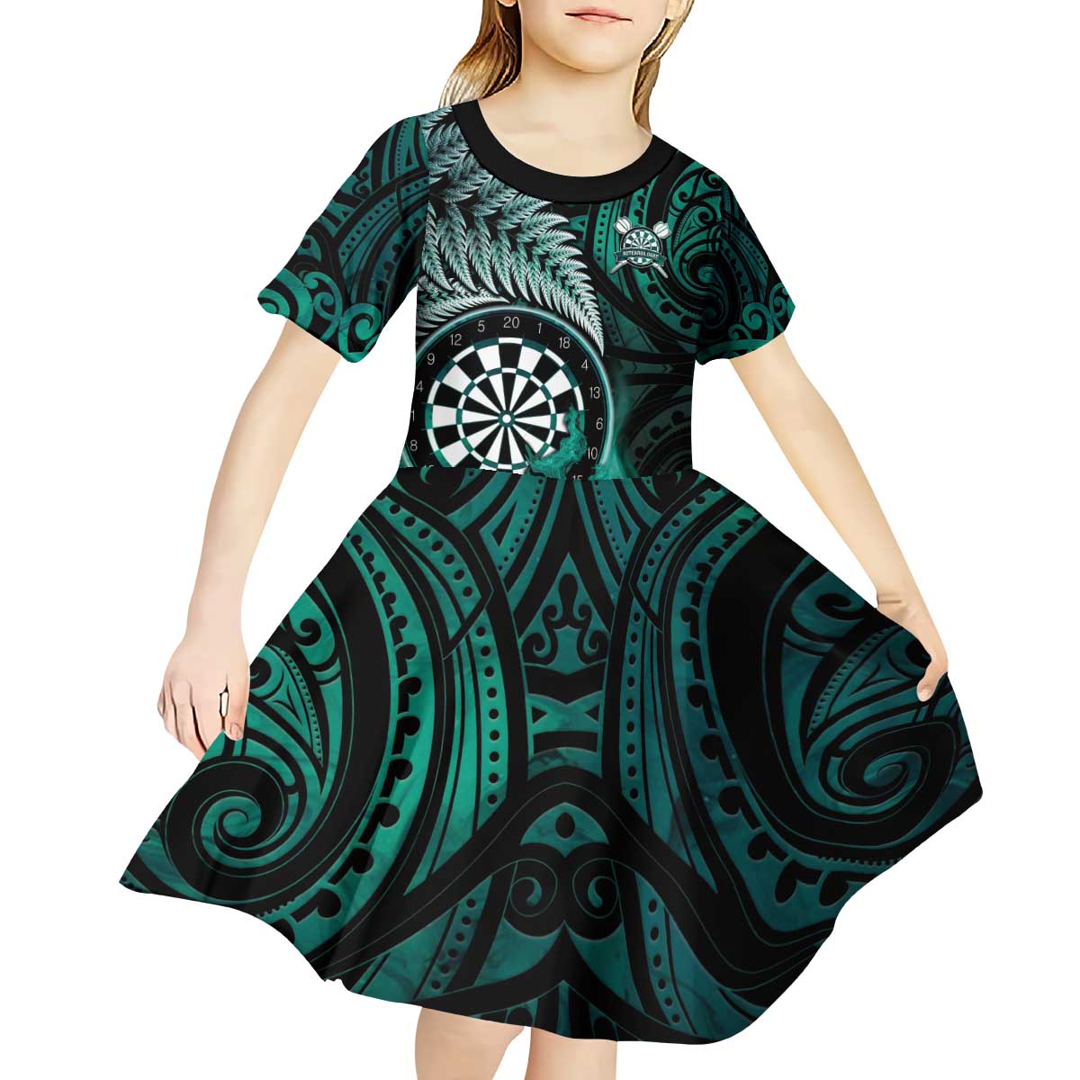 Personalised New Zealand Darts Kid Short Sleeve Dress Maori Koru Dartboard Turquoise Flame LT05 - Polynesian Pride