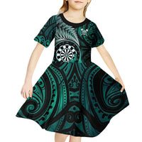 Personalised New Zealand Darts Kid Short Sleeve Dress Maori Koru Dartboard Turquoise Flame LT05 - Polynesian Pride
