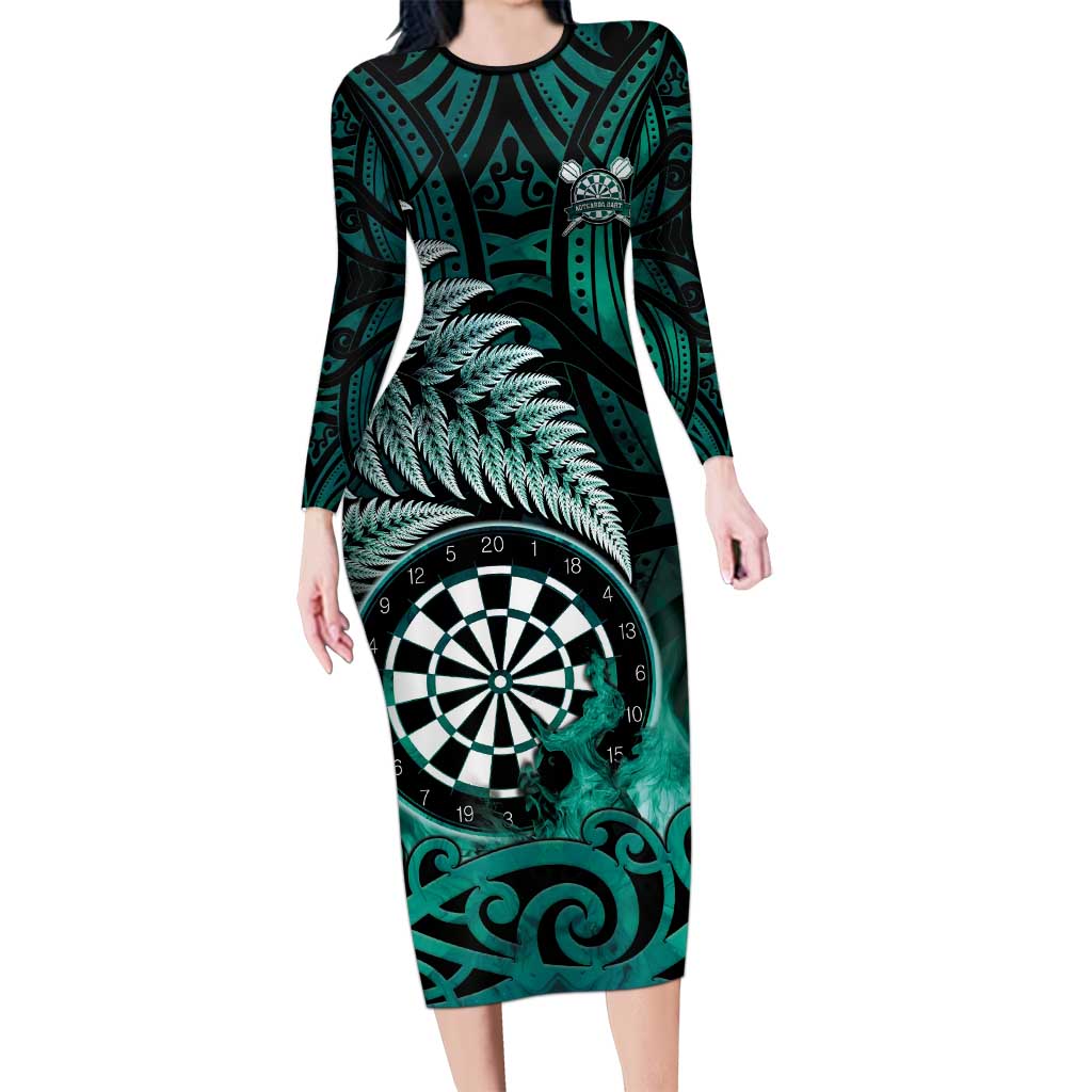 Personalised New Zealand Darts Long Sleeve Bodycon Dress Maori Koru Dartboard Turquoise Flame LT05 Long Dress Turquoise - Polynesian Pride