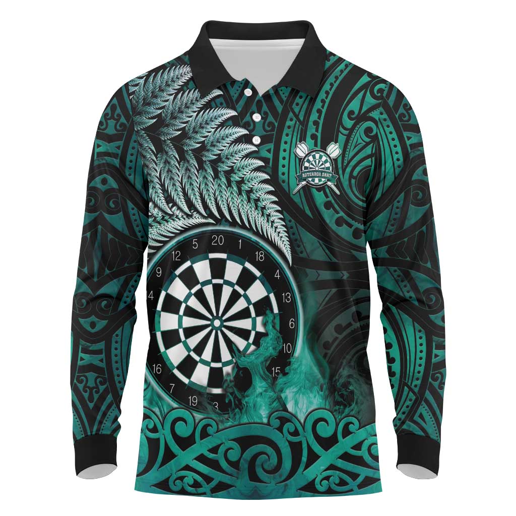 Personalised New Zealand Darts Long Sleeve Polo Shirt Maori Koru Dartboard Turquoise Flame LT05 Turquoise - Polynesian Pride