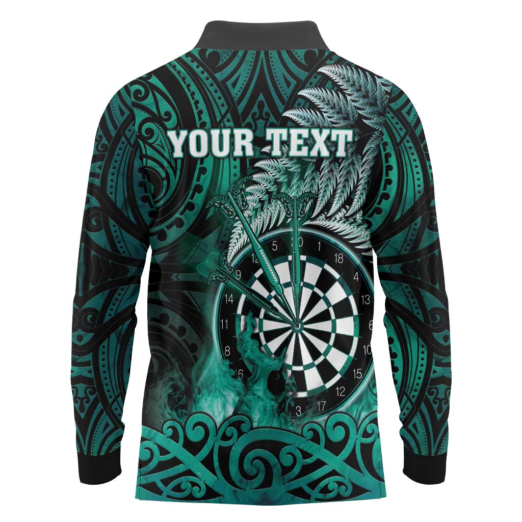 Personalised New Zealand Darts Long Sleeve Polo Shirt Maori Koru Dartboard Turquoise Flame LT05 - Polynesian Pride