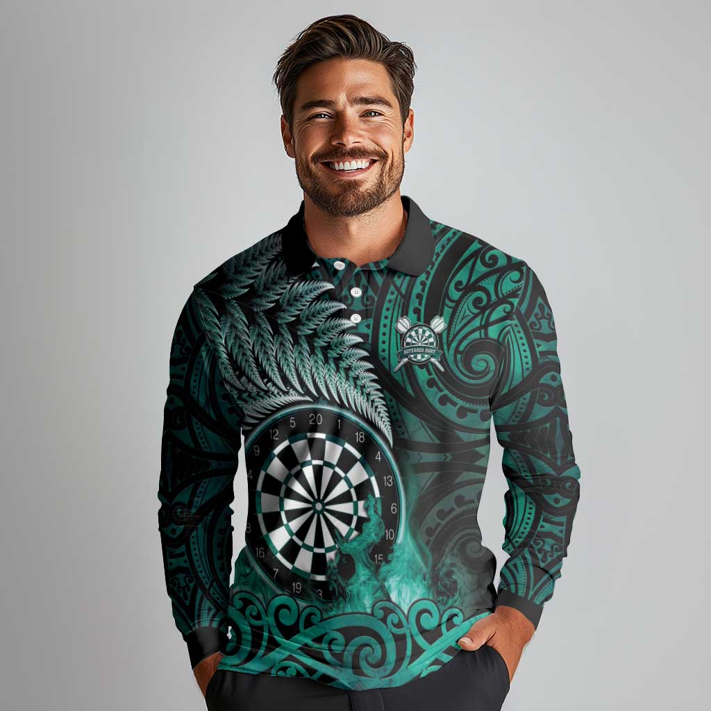 Personalised New Zealand Darts Long Sleeve Polo Shirt Maori Koru Dartboard Turquoise Flame LT05 - Polynesian Pride