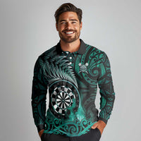 Personalised New Zealand Darts Long Sleeve Polo Shirt Maori Koru Dartboard Turquoise Flame LT05 - Polynesian Pride