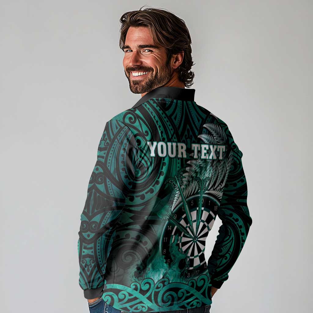 Personalised New Zealand Darts Long Sleeve Polo Shirt Maori Koru Dartboard Turquoise Flame LT05 - Polynesian Pride