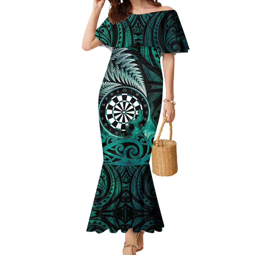 Personalised New Zealand Darts Mermaid Dress Maori Koru Dartboard Turquoise Flame