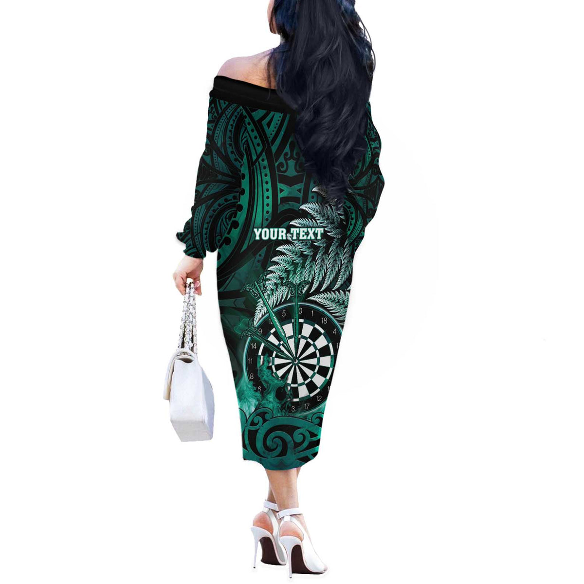 Personalised New Zealand Darts Off The Shoulder Long Sleeve Dress Maori Koru Dartboard Turquoise Flame LT05 - Polynesian Pride
