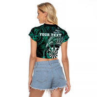 Personalised New Zealand Darts Raglan Cropped T Shirt Maori Koru Dartboard Turquoise Flame
