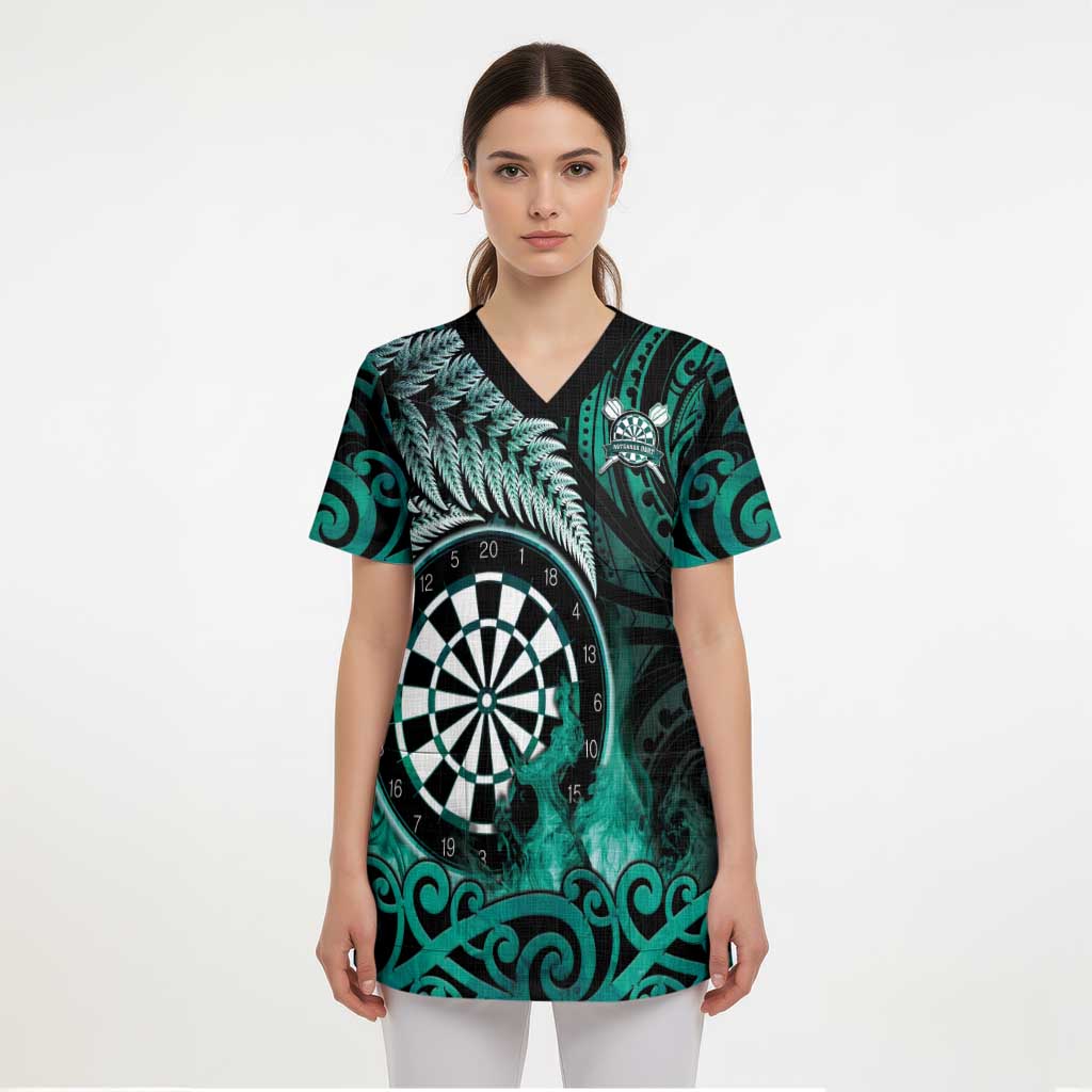 Personalised New Zealand Darts Scrub Top Maori Koru Dartboard Turquoise Flame - Polynesian Pride