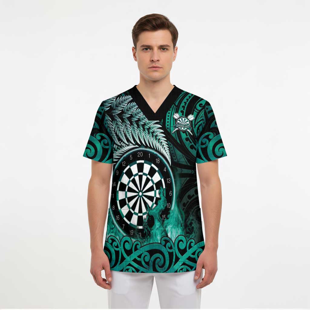 Personalised New Zealand Darts Scrub Top Maori Koru Dartboard Turquoise Flame - Polynesian Pride