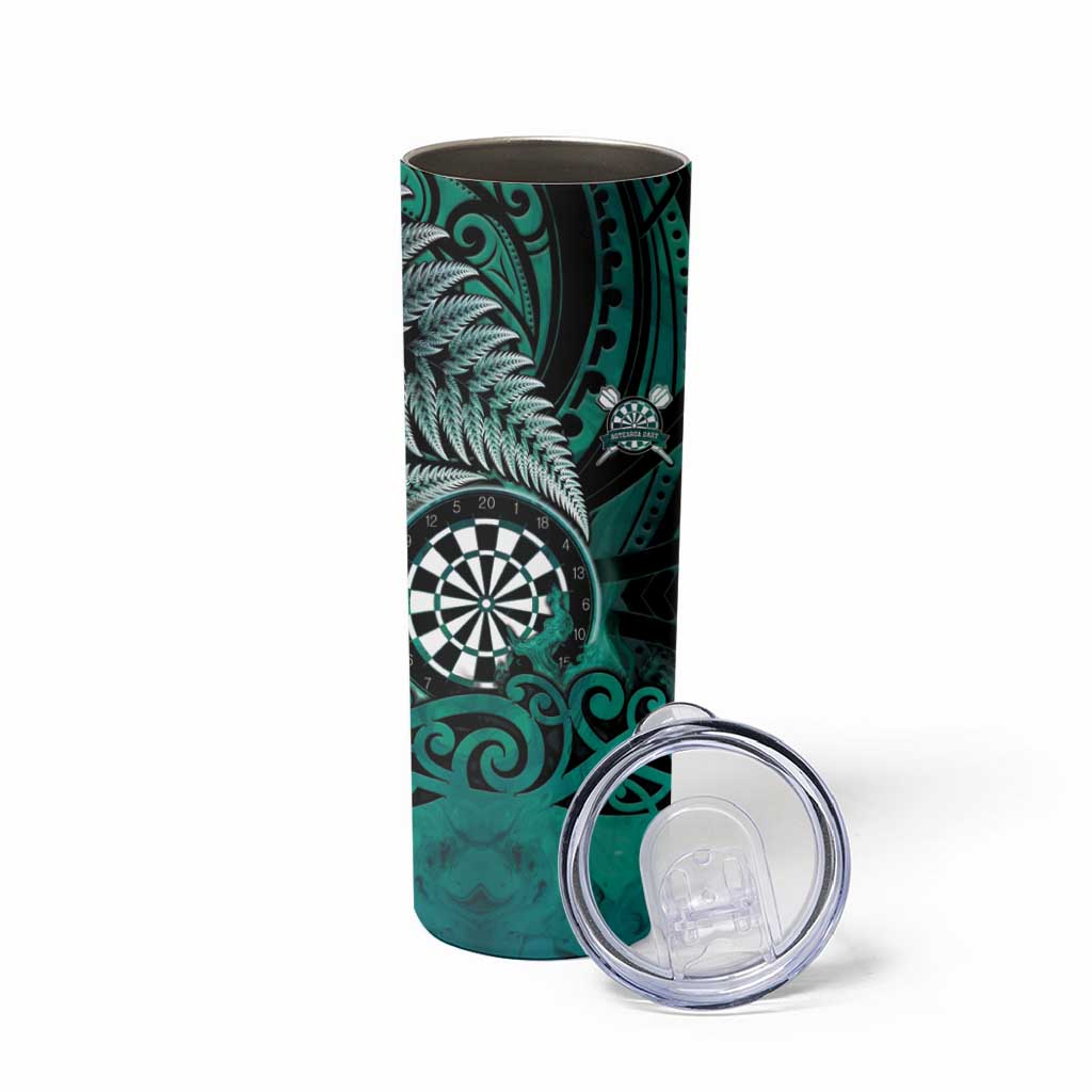 Personalised New Zealand Darts Skinny Tumbler Maori Koru Dartboard Turquoise Flame LT05 - Polynesian Pride