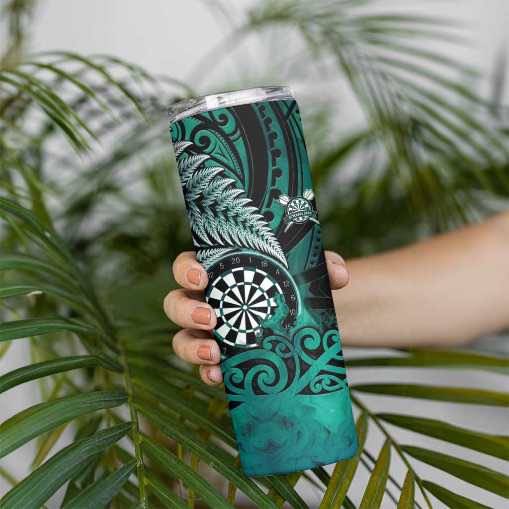 Personalised New Zealand Darts Skinny Tumbler Maori Koru Dartboard Turquoise Flame LT05 - Polynesian Pride
