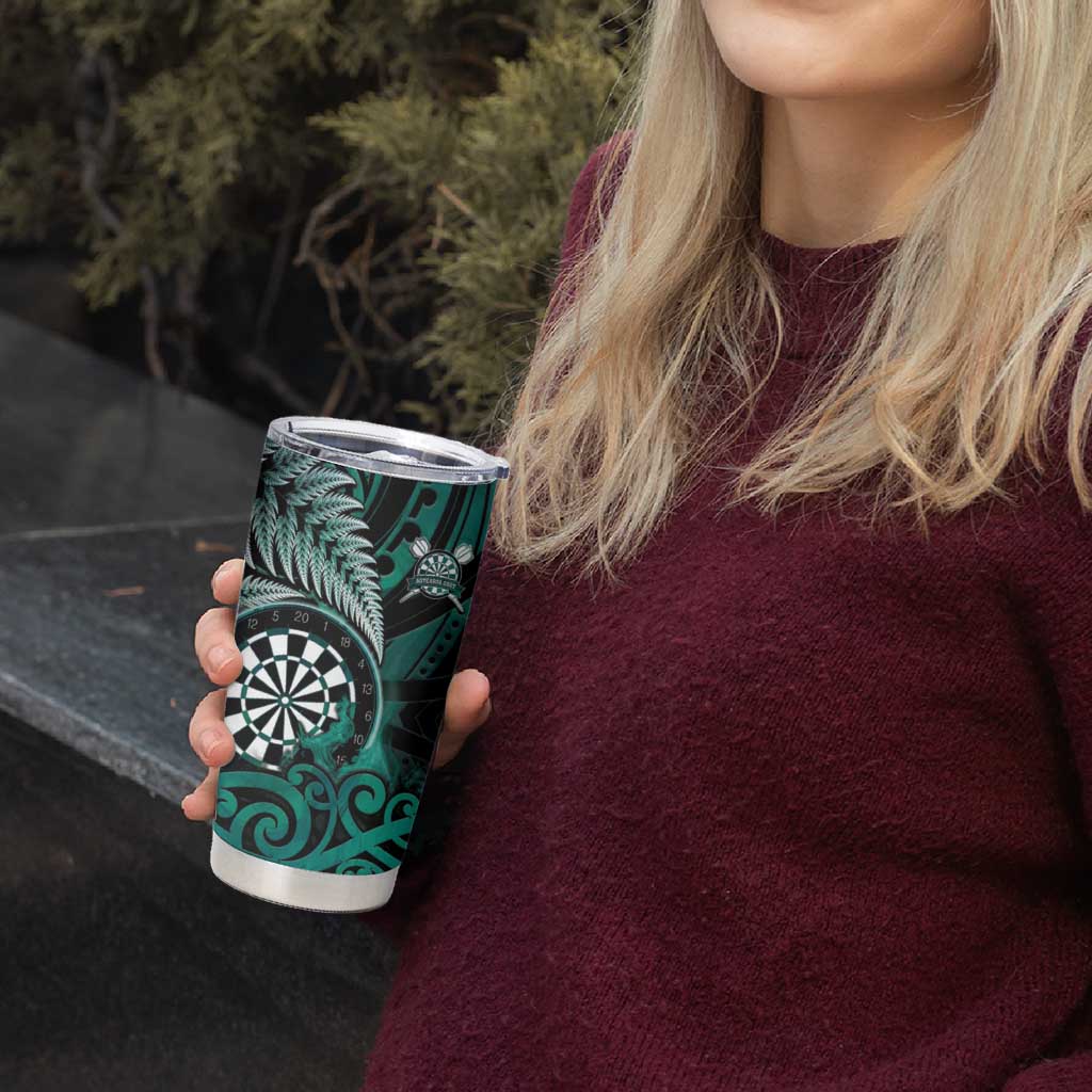 Personalised New Zealand Darts Tumbler Cup Maori Koru Dartboard Turquoise Flame