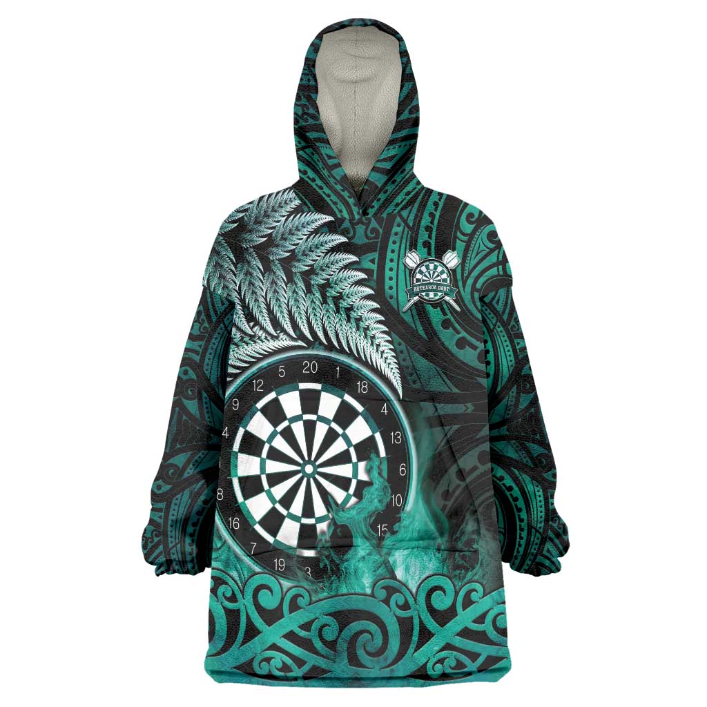 Personalised New Zealand Darts Wearable Blanket Hoodie Maori Koru Dartboard Turquoise Flame LT05 One Size Turquoise - Polynesian Pride