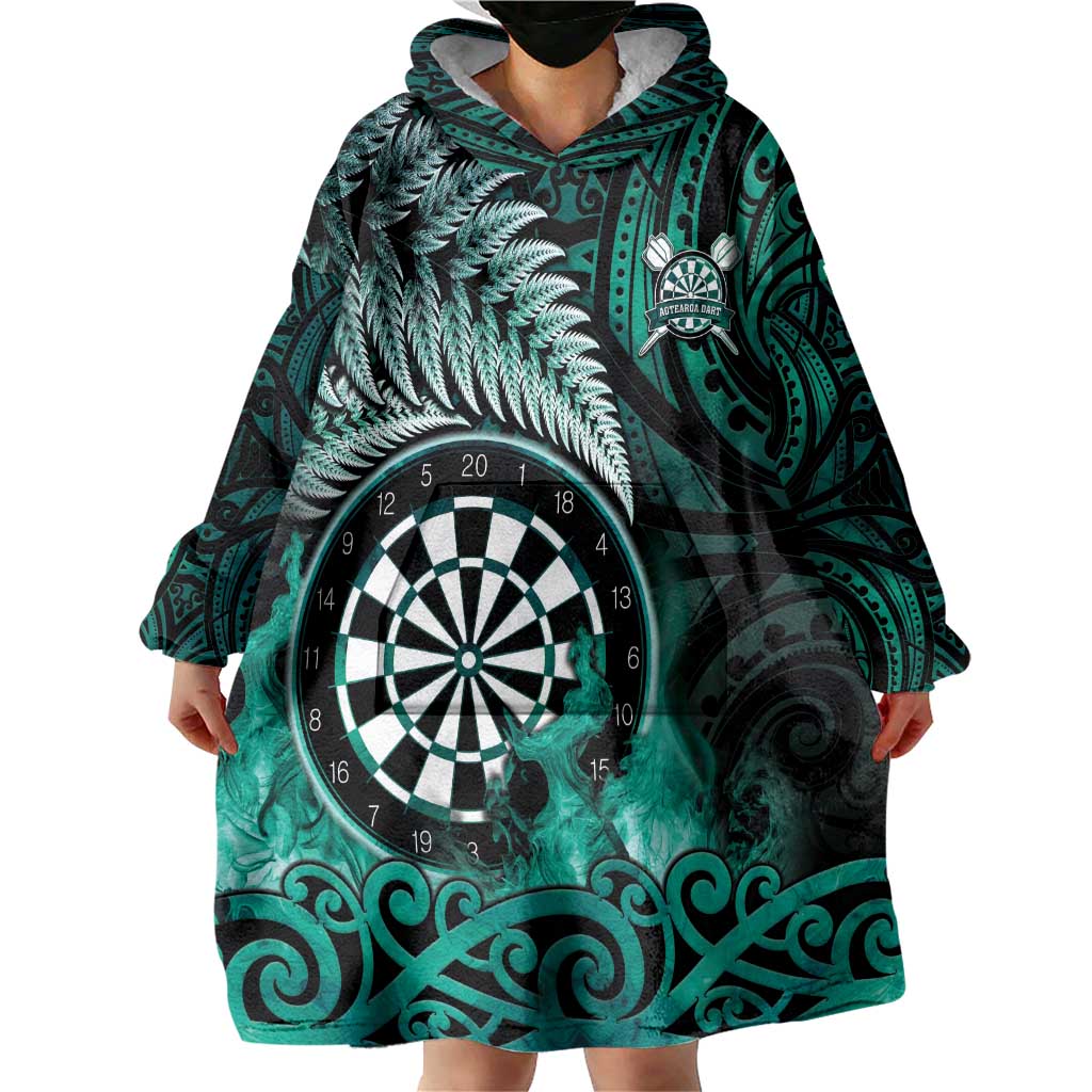 Personalised New Zealand Darts Wearable Blanket Hoodie Maori Koru Dartboard Turquoise Flame LT05 - Polynesian Pride