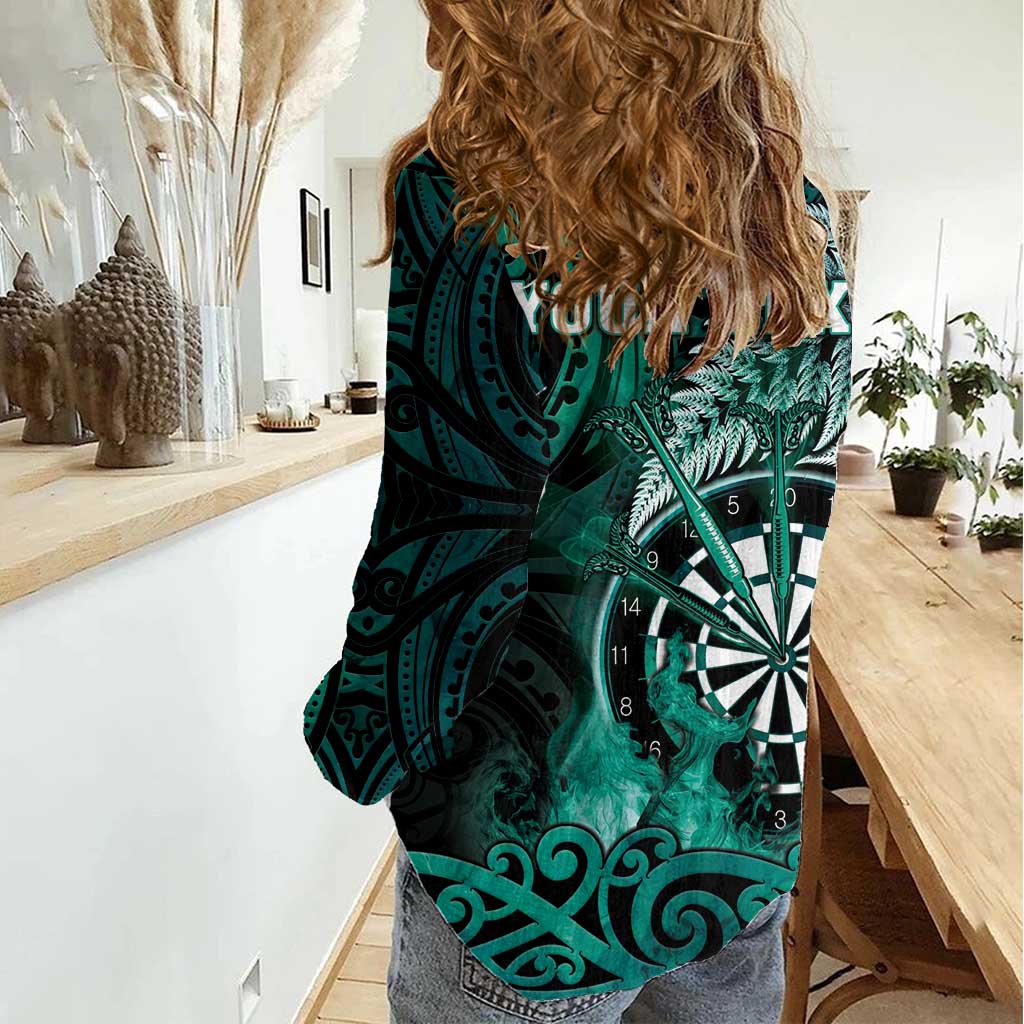 Personalised New Zealand Darts Women Casual Shirt Maori Koru Dartboard Turquoise Flame