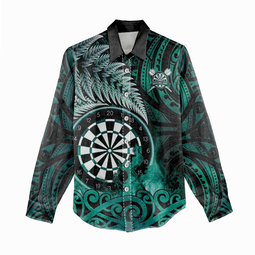 Personalised New Zealand Darts Women Casual Shirt Maori Koru Dartboard Turquoise Flame